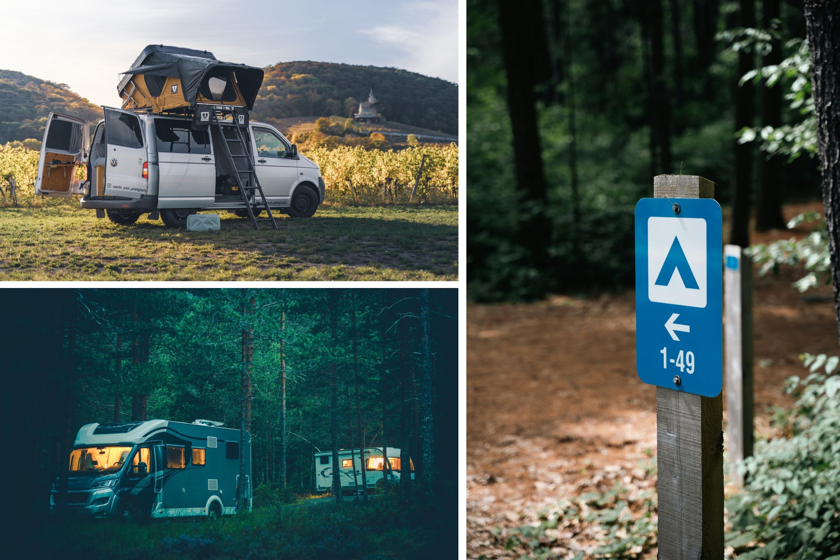 Wohnmobil Collage mit Campingplatz und Vickywood Dachzelt und Bulli T5