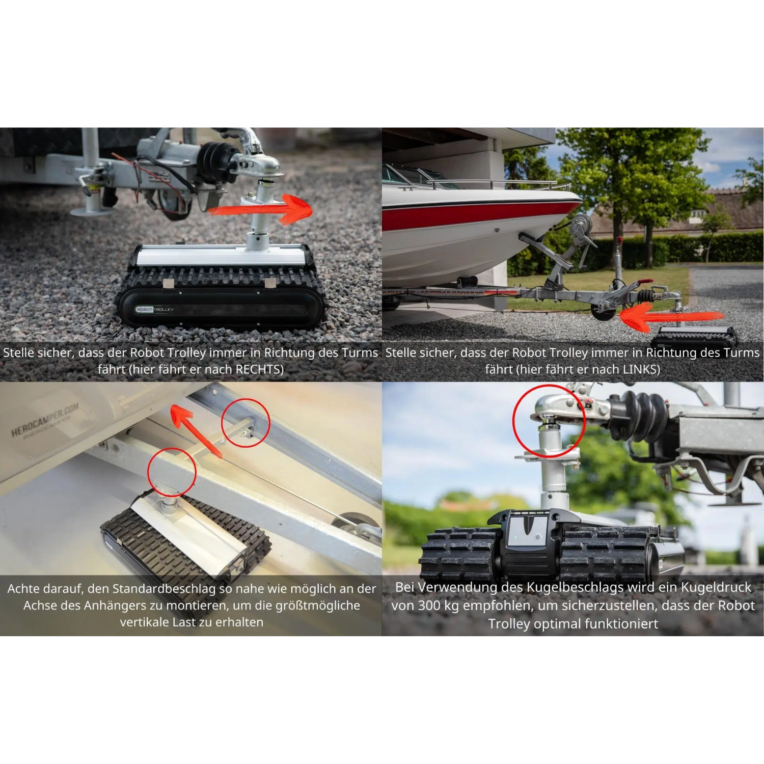 Robot Trolley: Leistungsstarker Mover für Anhänger bis 4.500 kg. Flexibel auf allen Oberflächen, einfache Montage, 30 Min Akkulaufzeit.