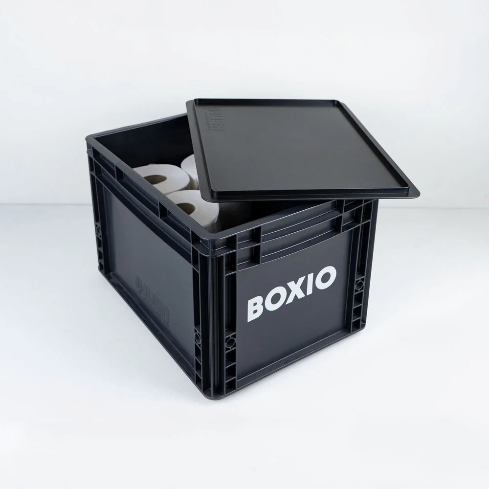 BOXIO SOLO: Kompakte, stapelbare Eurobox (400x300x280 mm) aus leichtem Recyclingmaterial – vielseitig & robust.
