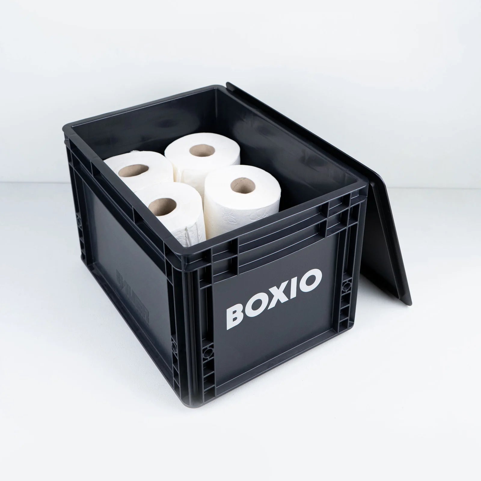 BOXIO SOLO: Kompakte, stapelbare Eurobox (400x300x280 mm) aus leichtem Recyclingmaterial – vielseitig & robust.
