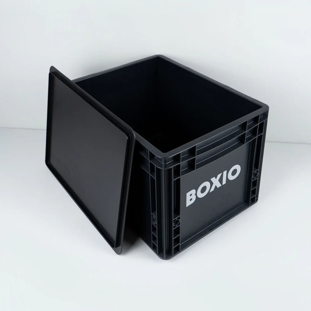 BOXIO SOLO: Kompakte, stapelbare Eurobox (400x300x280 mm) aus leichtem Recyclingmaterial – vielseitig & robust.