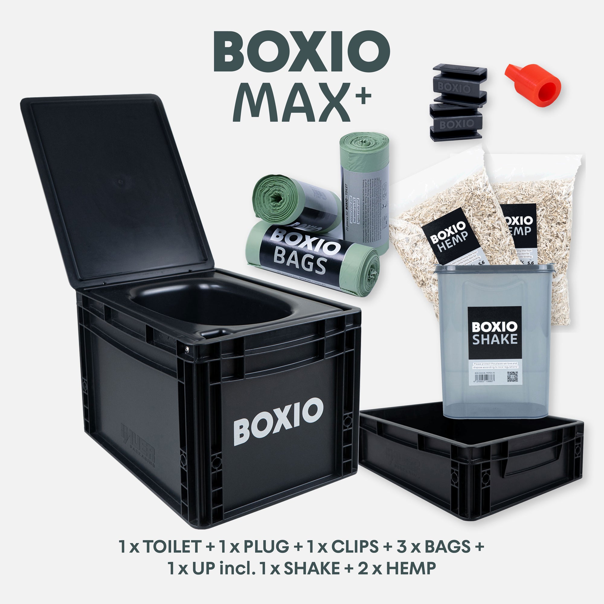 BOXIO TOILET: Leichte, umweltfreundliche Trockentrenntoilette im Eurobox-Format (40x30x28 cm). Nachhaltig & kompakt.