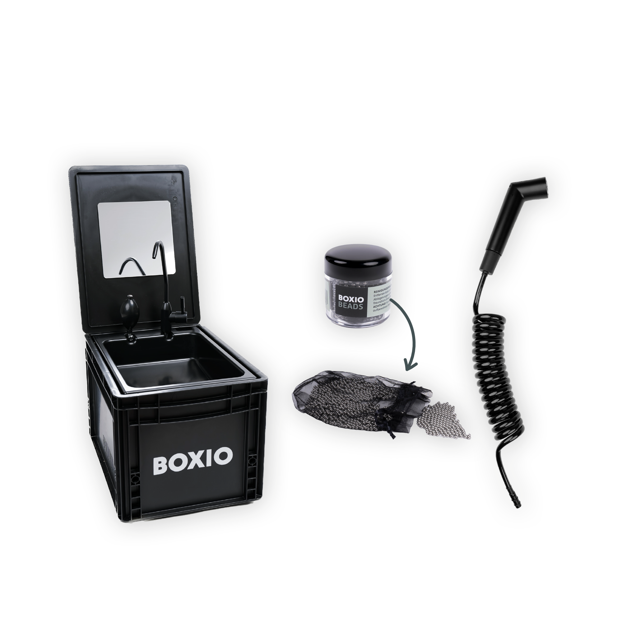 BOXIO WASH: Mobiles, autarkes Waschbecken im Eurobox-Format (40x30x28 cm) mit Handpumpe, 5L Tanks & leichtem Design.