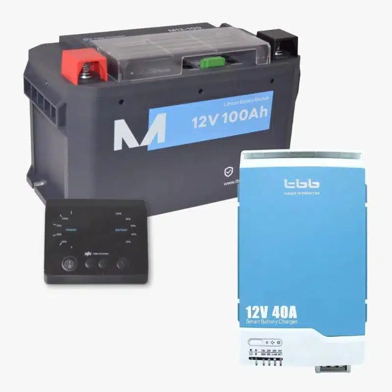 Batteriepaket 100Ah mit 40A Ladegerät: M-Serie Lithium Akku 12V mit MEH Anzeige und Trident 12V 40A Ladegerät – exklusiv für Hero Campers.