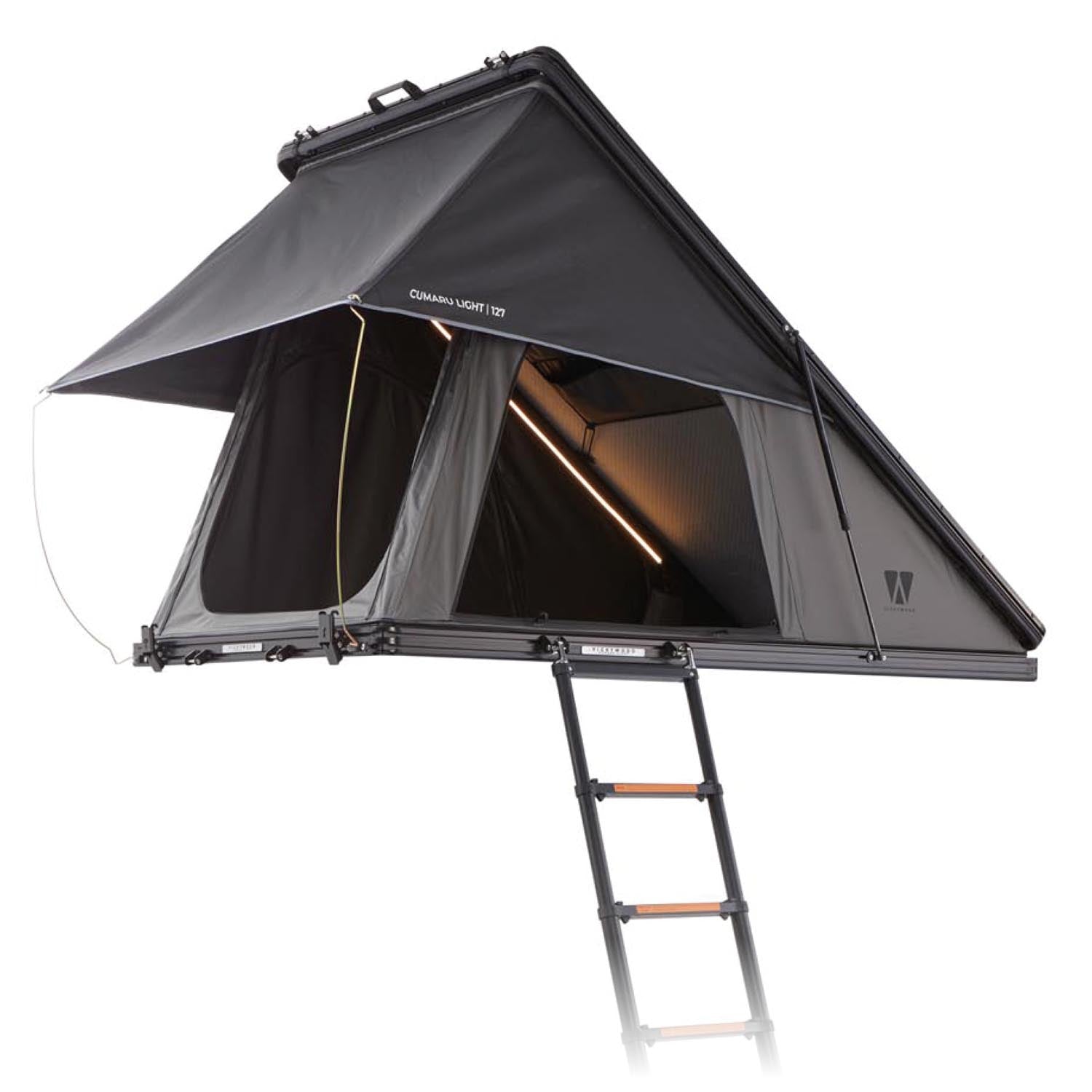Flaches Alu-Hartschalen-Dachzelt CUMARU LIGHT, schneller Aufbau in 2 Min., recycelter Stoff, Memory Foam Matratze, LED-Licht.