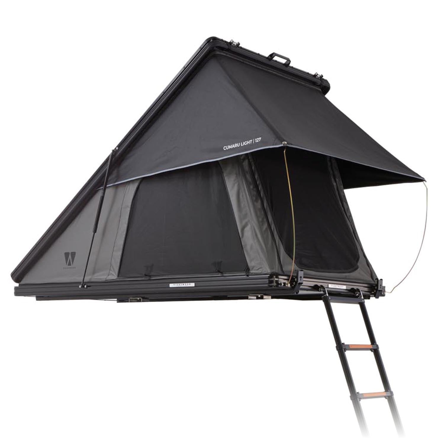 Flaches Alu-Hartschalen-Dachzelt CUMARU LIGHT, schneller Aufbau in 2 Min., recycelter Stoff, Memory Foam Matratze, LED-Licht.