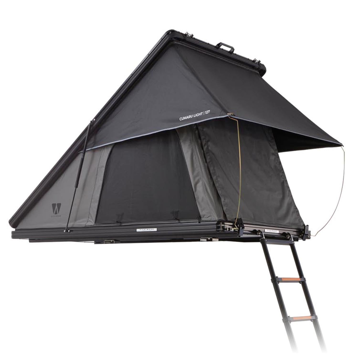 Flaches Alu-Hartschalen-Dachzelt CUMARU LIGHT, schneller Aufbau in 2 Min., recycelter Stoff, Memory Foam Matratze, LED-Licht.