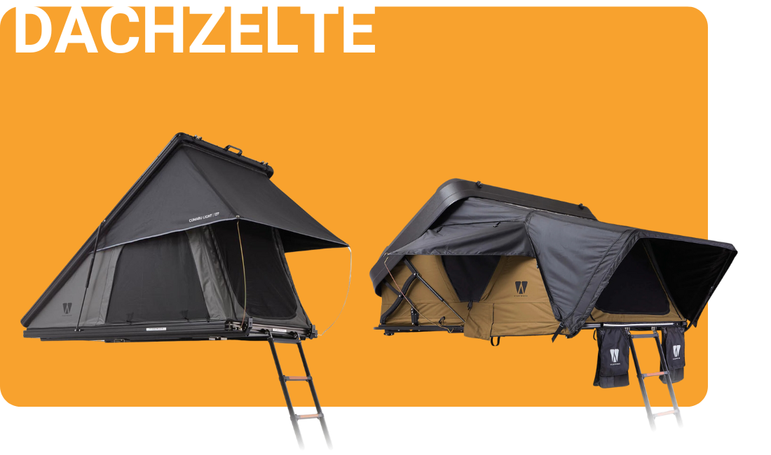 Dachzelt Sortiment Vickywood Cumaru Light, Mighty Oak und Campnest. Hybrid-Dachzelt und Aluminium Hartschalen Dachzelte