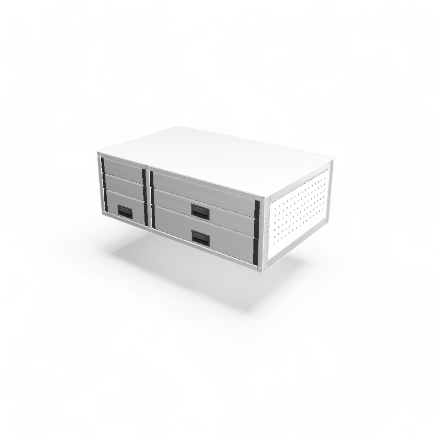 Camperbox aus Aluminium für den VW Bus, mit Heckküche, Bettgestell und Kaltschaum-Matratze. Robuster Leichtbaurahmen, 3 Schubladen mit Vollauszügen, Maße: T 73,5 cm x B 115,5 cm x H 40 cm.
