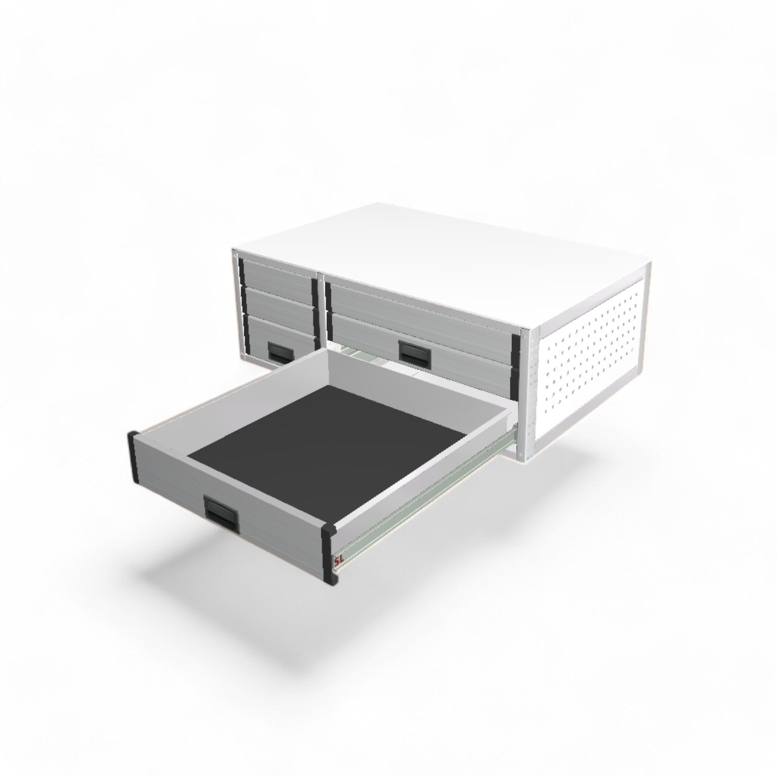 Camperbox aus Aluminium für den VW Bus, mit Heckküche, Bettgestell und Kaltschaum-Matratze. Robuster Leichtbaurahmen, 3 Schubladen mit Vollauszügen, Maße: T 73,5 cm x B 115,5 cm x H 40 cm.