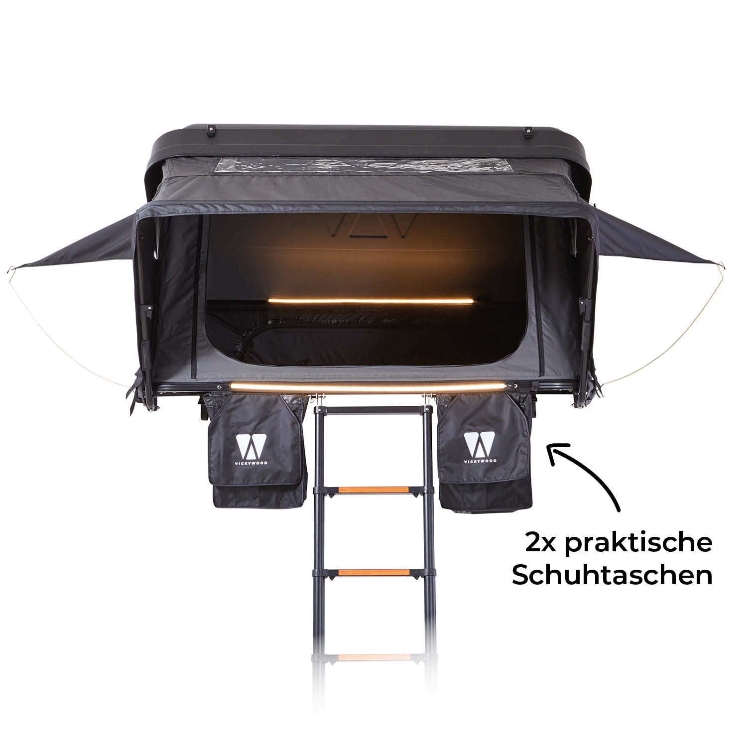 Hybrid Dachzelt MIGHTY OAK Gen 3.0: robuste Hartschale, recycelter Stoff, LED-Licht, schnell aufbaubar, ideal für 2-3 Personen, ganzjährig nutzbar.