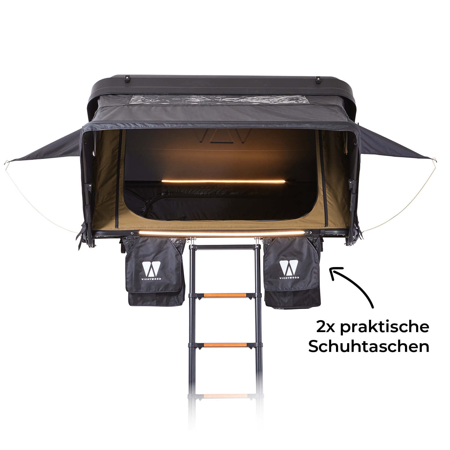 Hybrid Dachzelt MIGHTY OAK Gen 3.0: robuste Hartschale, recycelter Stoff, LED-Licht, schnell aufbaubar, ideal für 2-3 Personen, ganzjährig nutzbar.