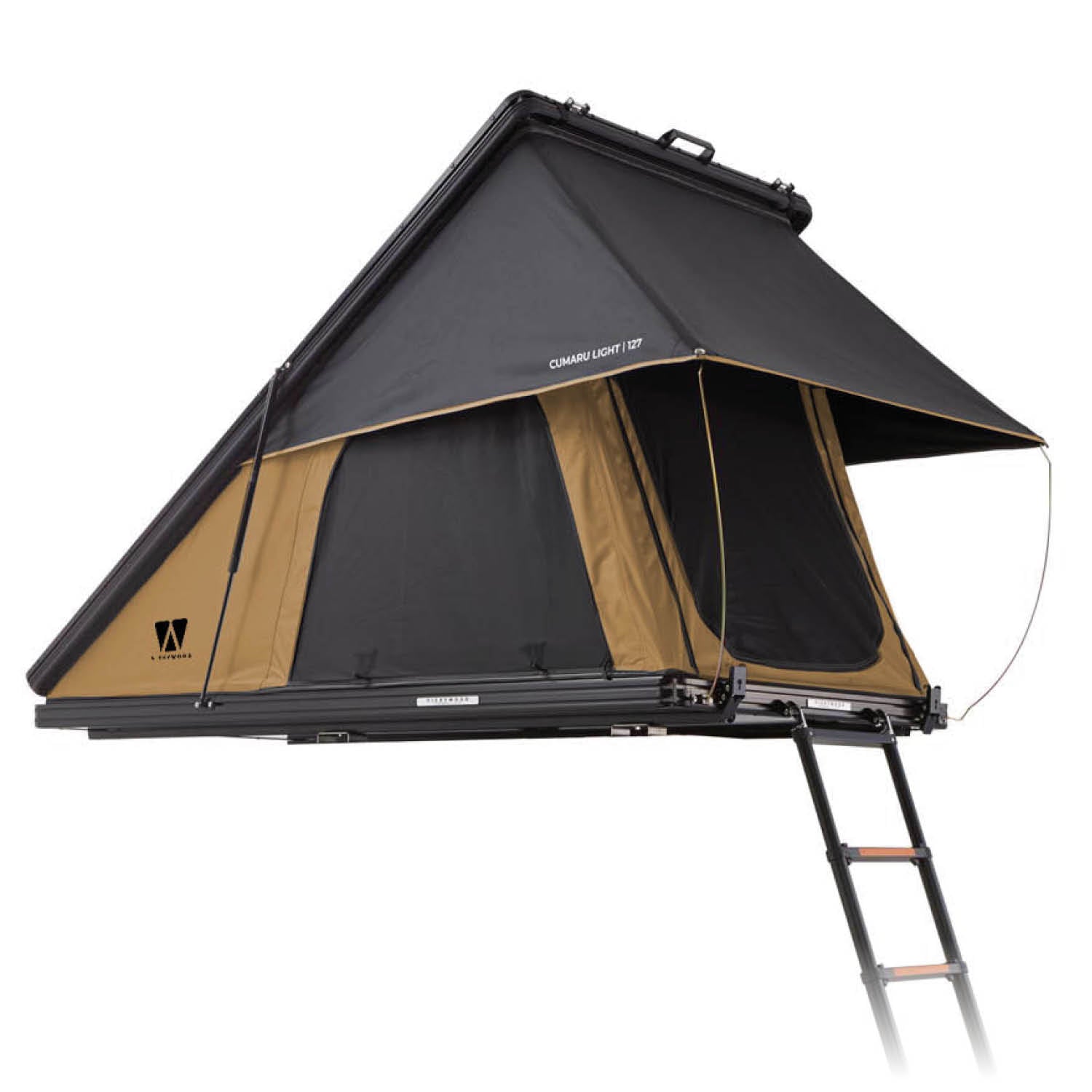 Flaches Alu-Hartschalen-Dachzelt CUMARU LIGHT, schneller Aufbau in 2 Min., recycelter Stoff, Memory Foam Matratze, LED-Licht.