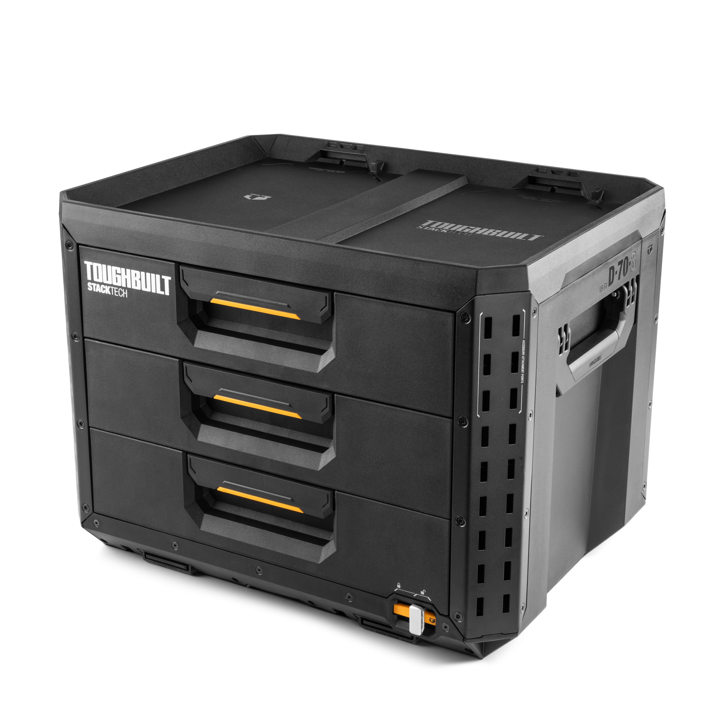 STACKTECH Campingbox mit 3 Schubladen TB-B1-D-70-3. Schnellzugriff, robuste Bauweise, IP65, stahlverstärkter Deckel, modular anpassbar für Outdoor-Aktivitäten.