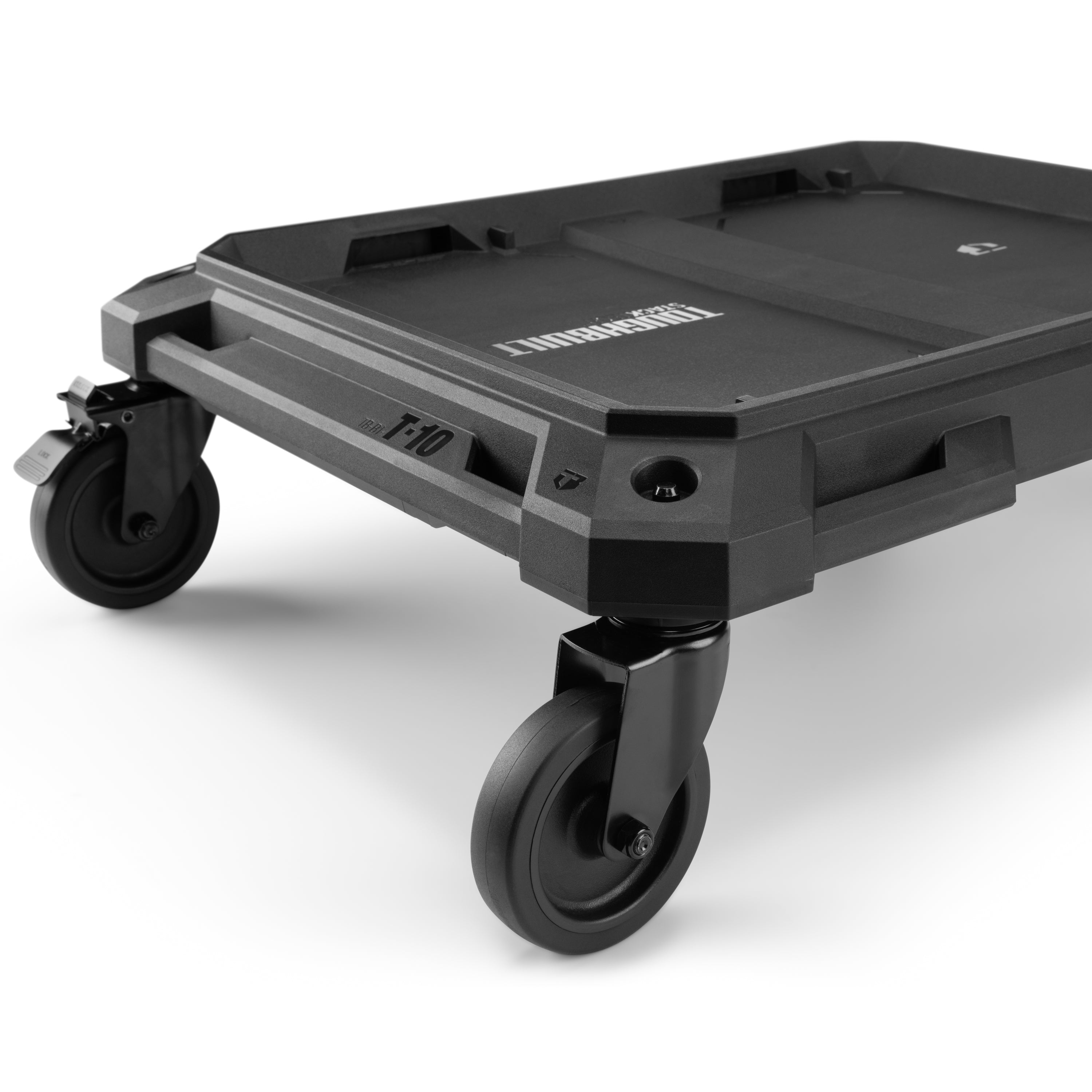 Stabiler StackTech Transport Trolley für Campingboxen, mit arretierbaren Lenkrollen und hervorragender Manövrierfähigkeit.