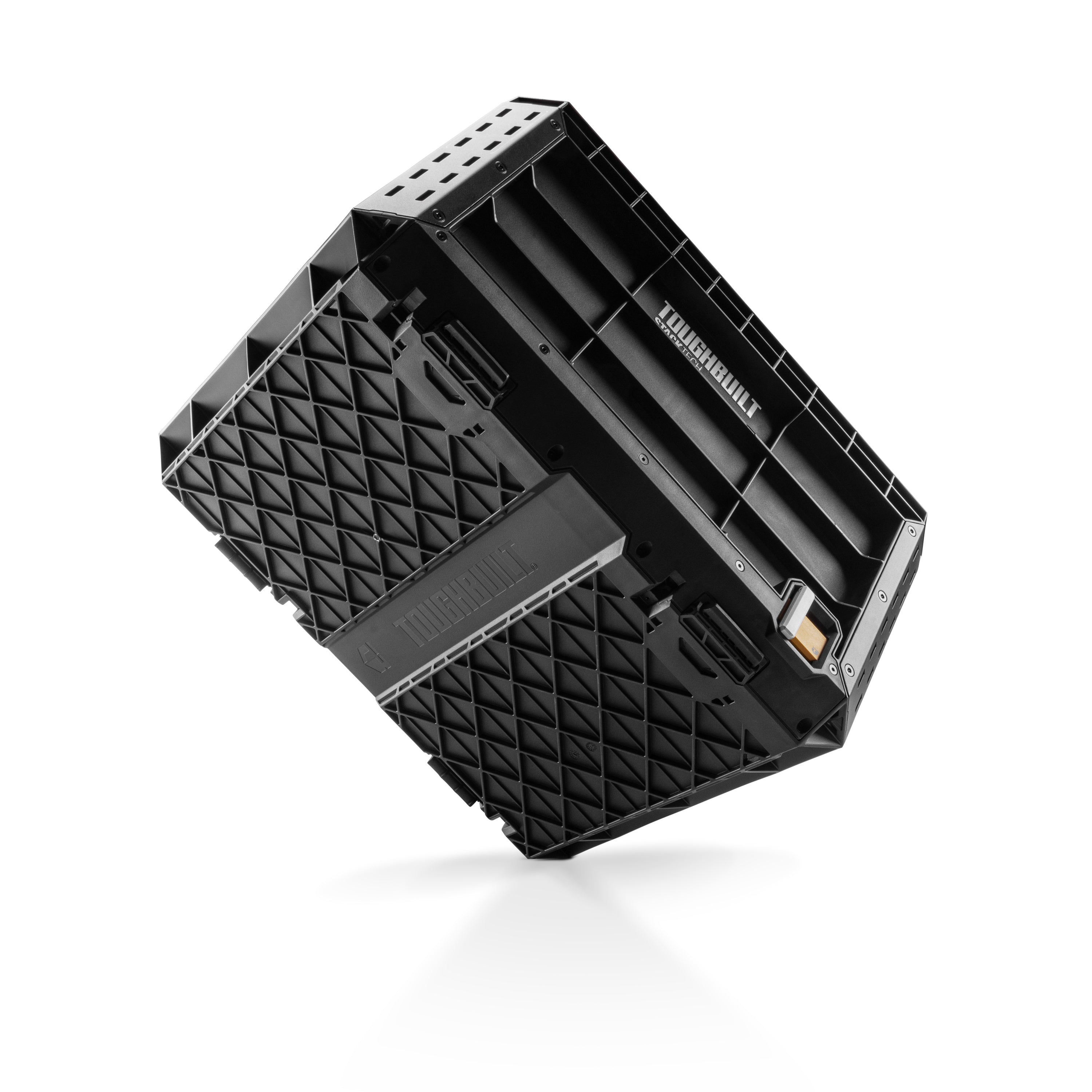 Robuste StackTech Outdoor-Kiste für Camping mit großem Stauraum, schiebeschaltergesteuerter Verriegelung und flexibler Organisation.