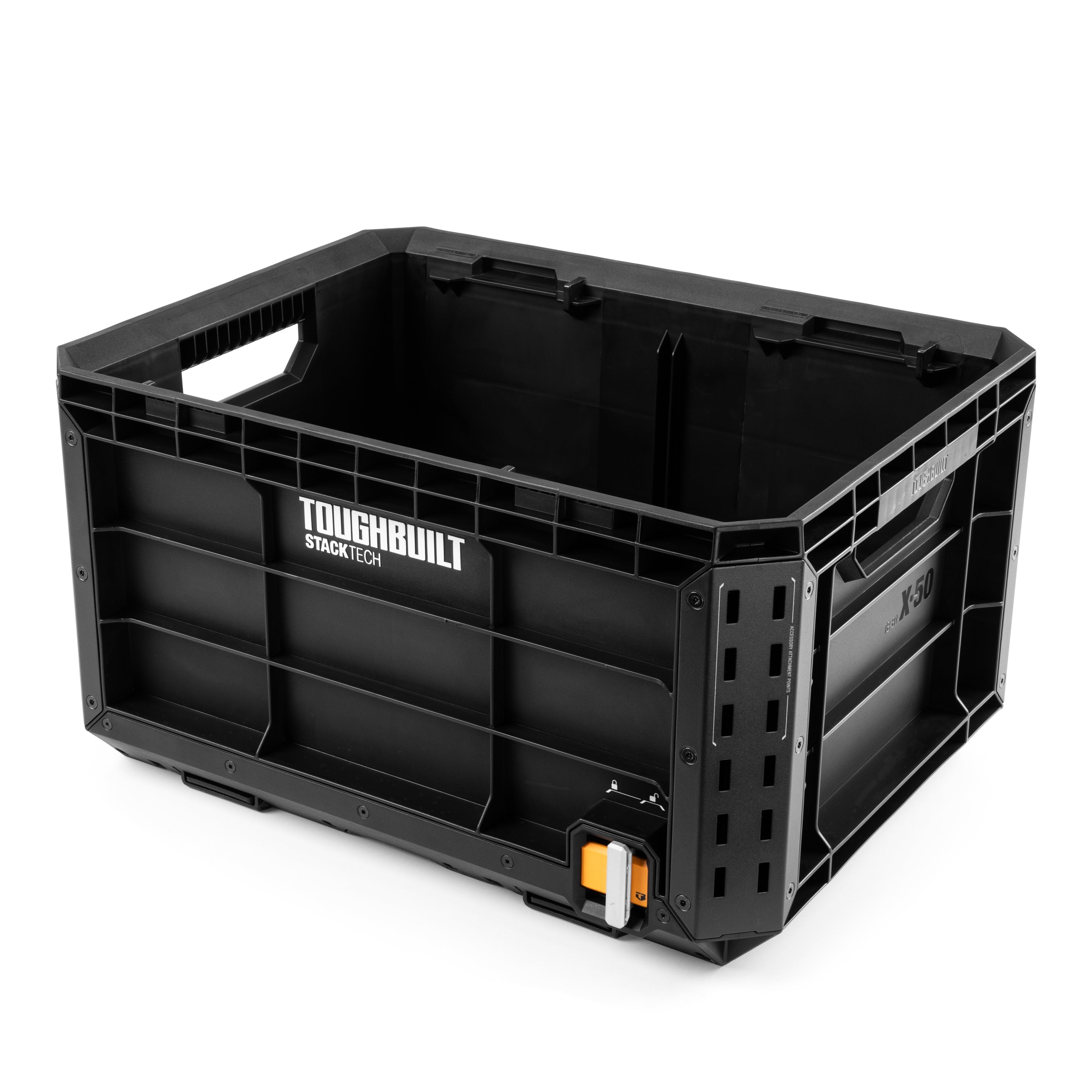 Robuste StackTech Outdoor-Kiste für Camping mit großem Stauraum, schiebeschaltergesteuerter Verriegelung und flexibler Organisation.