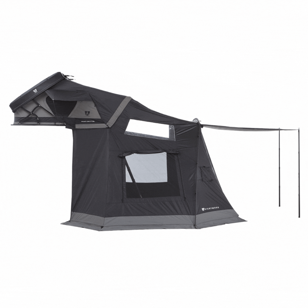 Vorzelt für MIGHTY OAK LIGHT: geräumiger Vorraum, wettergeschützt, mit Moskitonetzen und PVC-Fenstern. Passend für Fahrzeuge (200–220 cm), kompakt verpackt.