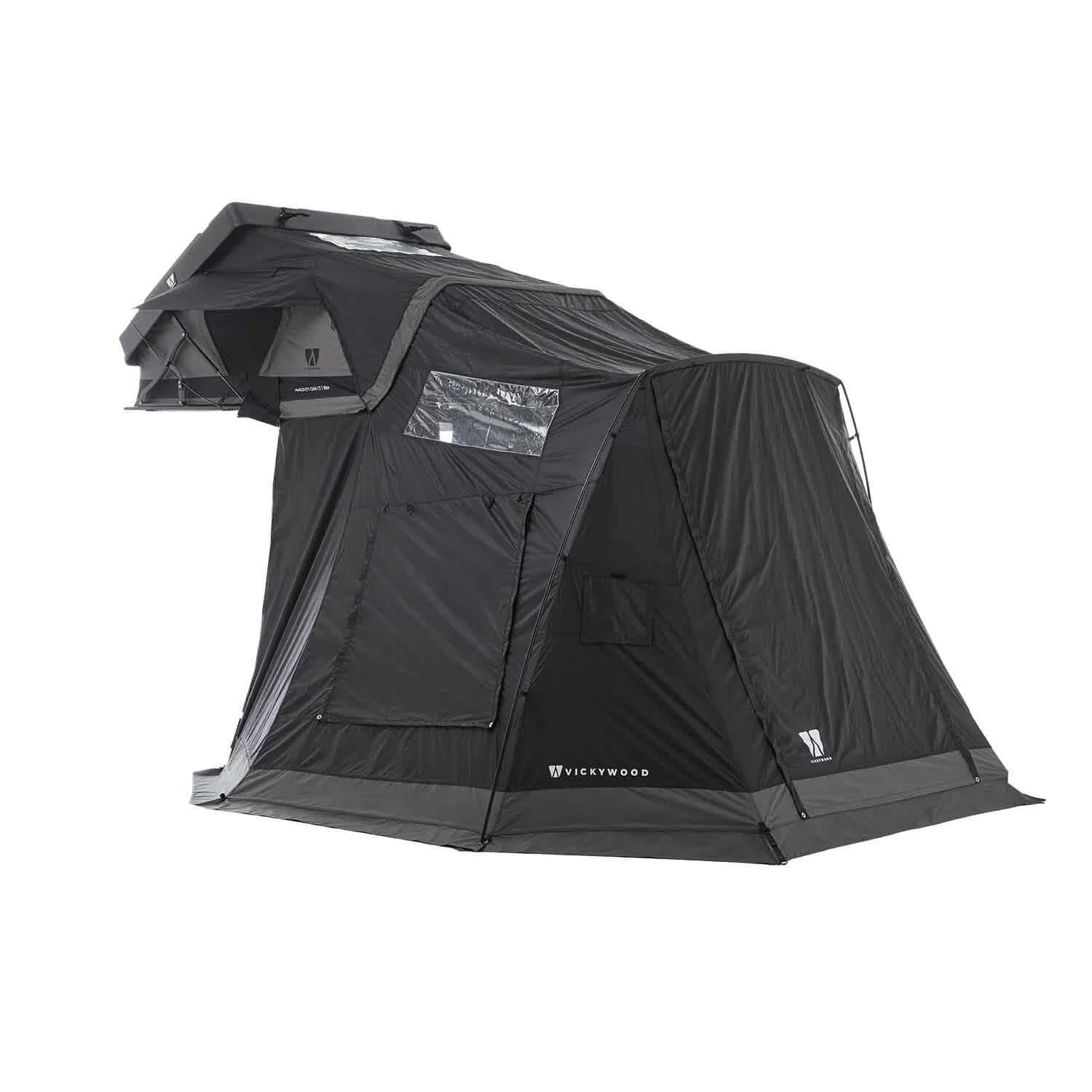 Vorzelt für MIGHTY OAK LIGHT: geräumiger Vorraum, wettergeschützt, mit Moskitonetzen und PVC-Fenstern. Passend für Fahrzeuge (200–220 cm), kompakt verpackt.