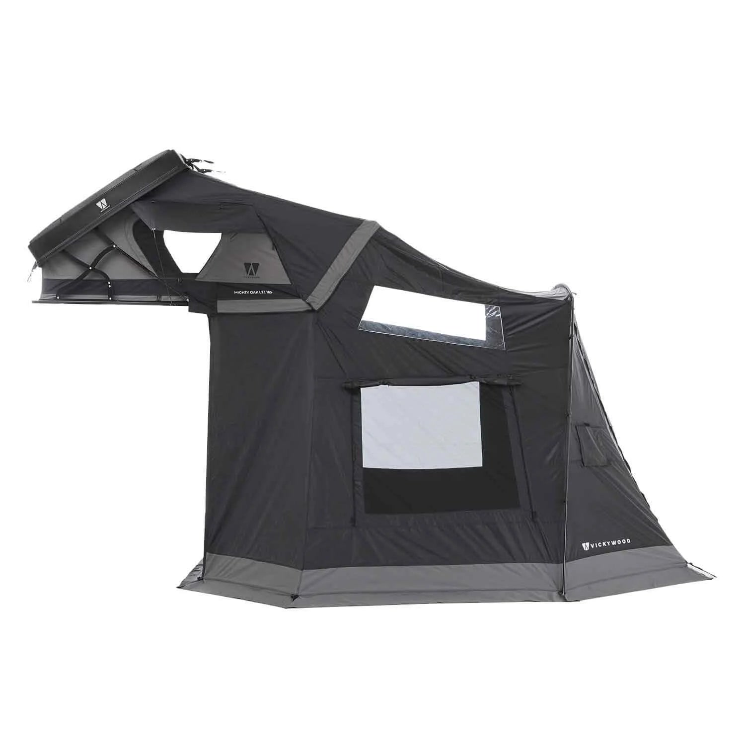 Vorzelt für MIGHTY OAK LIGHT: geräumiger Vorraum, wettergeschützt, mit Moskitonetzen und PVC-Fenstern. Passend für Fahrzeuge (200–220 cm), kompakt verpackt.
