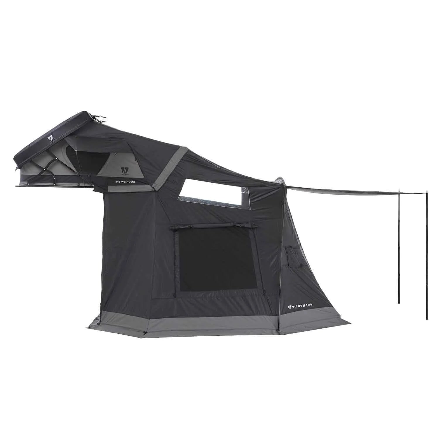 Vorzelt für MIGHTY OAK LIGHT: geräumiger Vorraum, wettergeschützt, mit Moskitonetzen und PVC-Fenstern. Passend für Fahrzeuge (200–220 cm), kompakt verpackt.