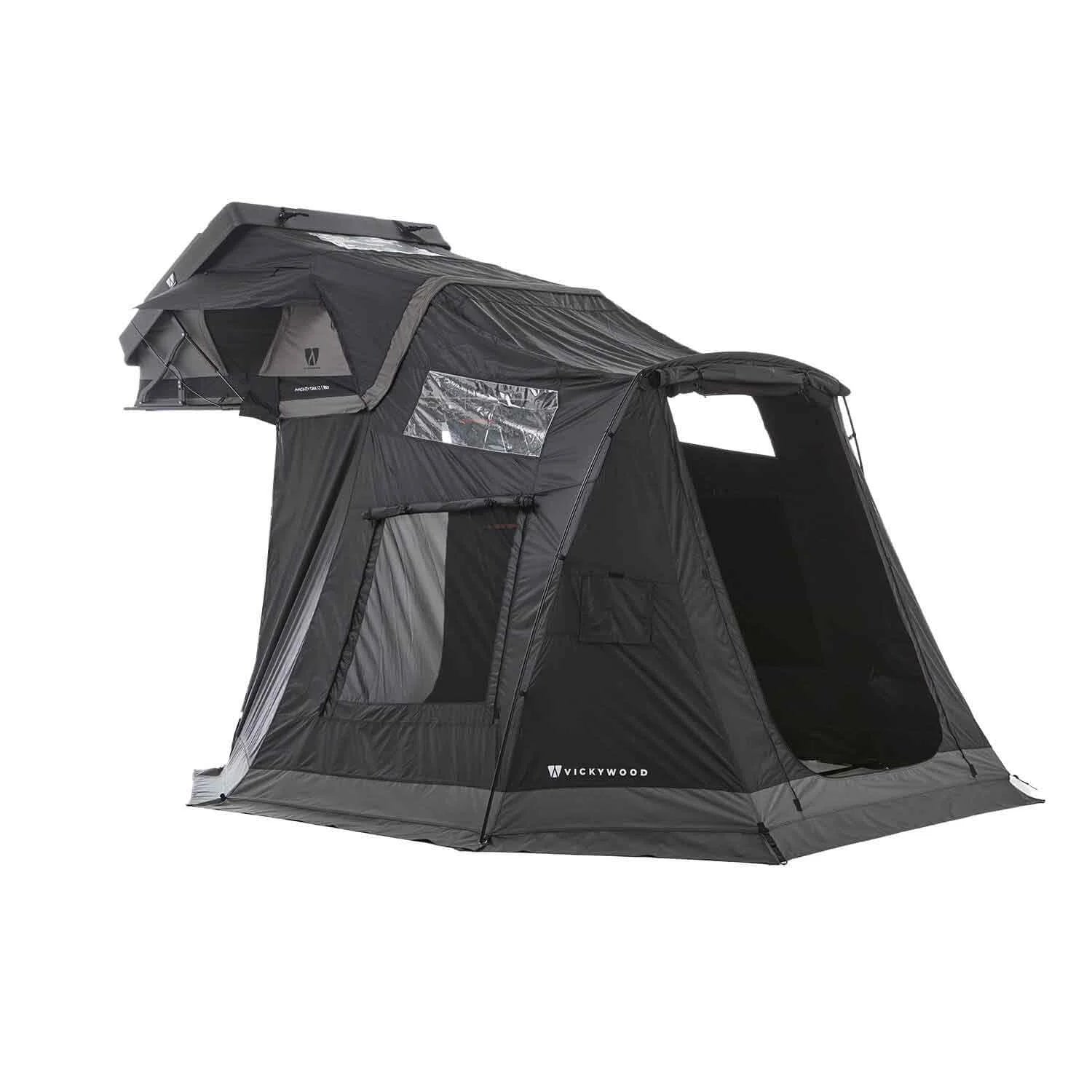 Vorzelt für MIGHTY OAK LIGHT: geräumiger Vorraum, wettergeschützt, mit Moskitonetzen und PVC-Fenstern. Passend für Fahrzeuge (200–220 cm), kompakt verpackt.