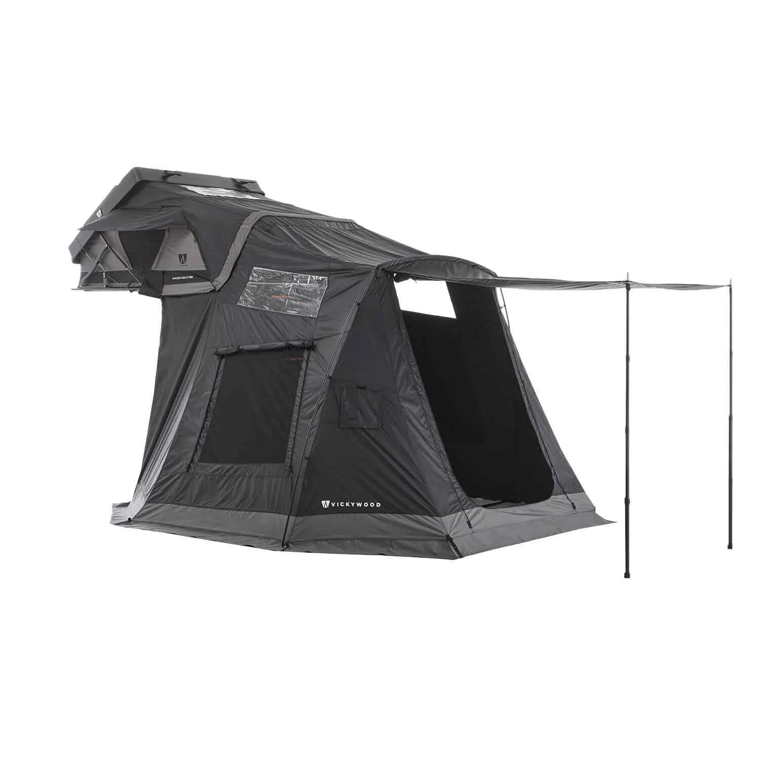 Vorzelt für MIGHTY OAK LIGHT: geräumiger Vorraum, wettergeschützt, mit Moskitonetzen und PVC-Fenstern. Passend für Fahrzeuge (200–220 cm), kompakt verpackt.
