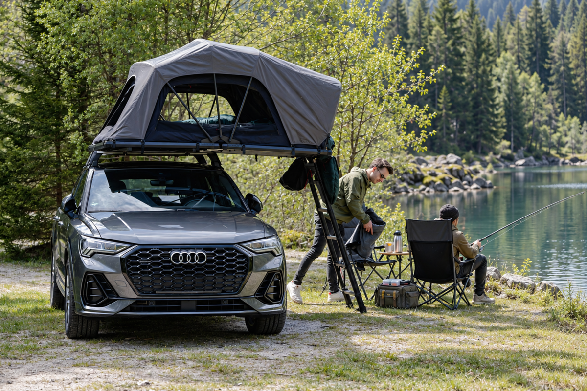 Angler am See bei Sonnenaufgang neben einem Auto mit geöffnetem Dachzelt.