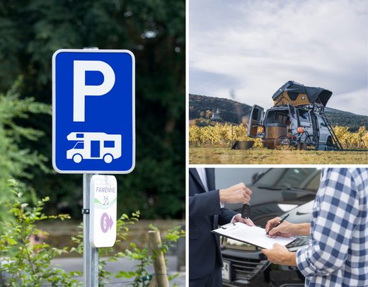 Ein Schild mit der Aufschrift 'Camping erlaubt' vor einer Wohnmobilvermietung, das die Möglichkeit des Campens mit einem Mietwohnmobil symbolisiert.