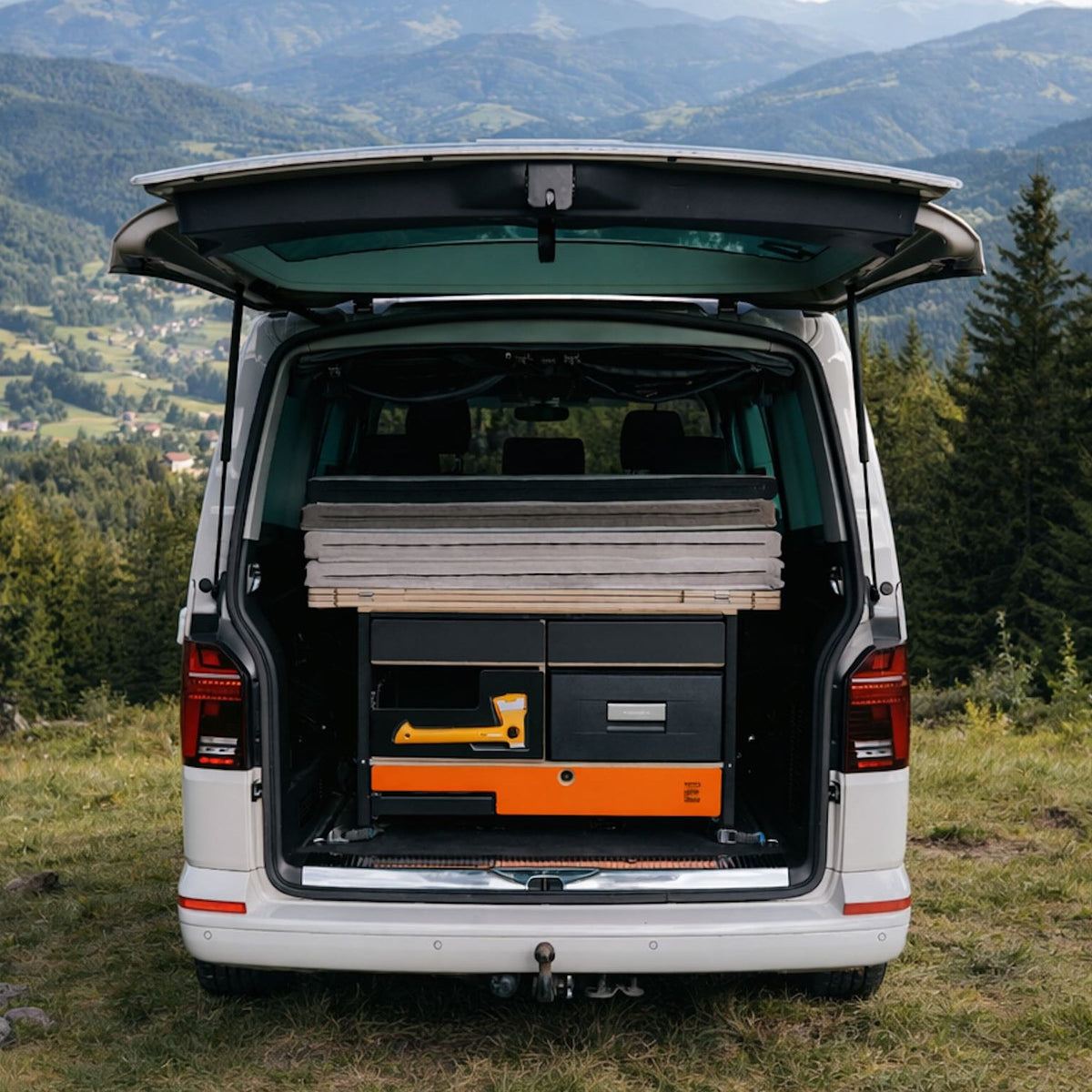 EGOE Nestbox L Komplettset – Große Campingbox mit Küche, 4 Schubladen & Kühlschrank-Platz