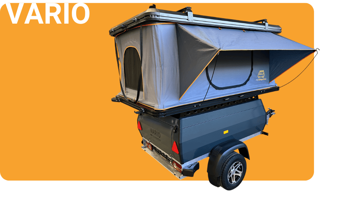 VARIO Mini-Camper: Ultraleichter Anhänger mit Dachzelt (unter 300 kg), aerodynamisches Design, 1-2 Farboptionen, verschiedene Ausstattungen.