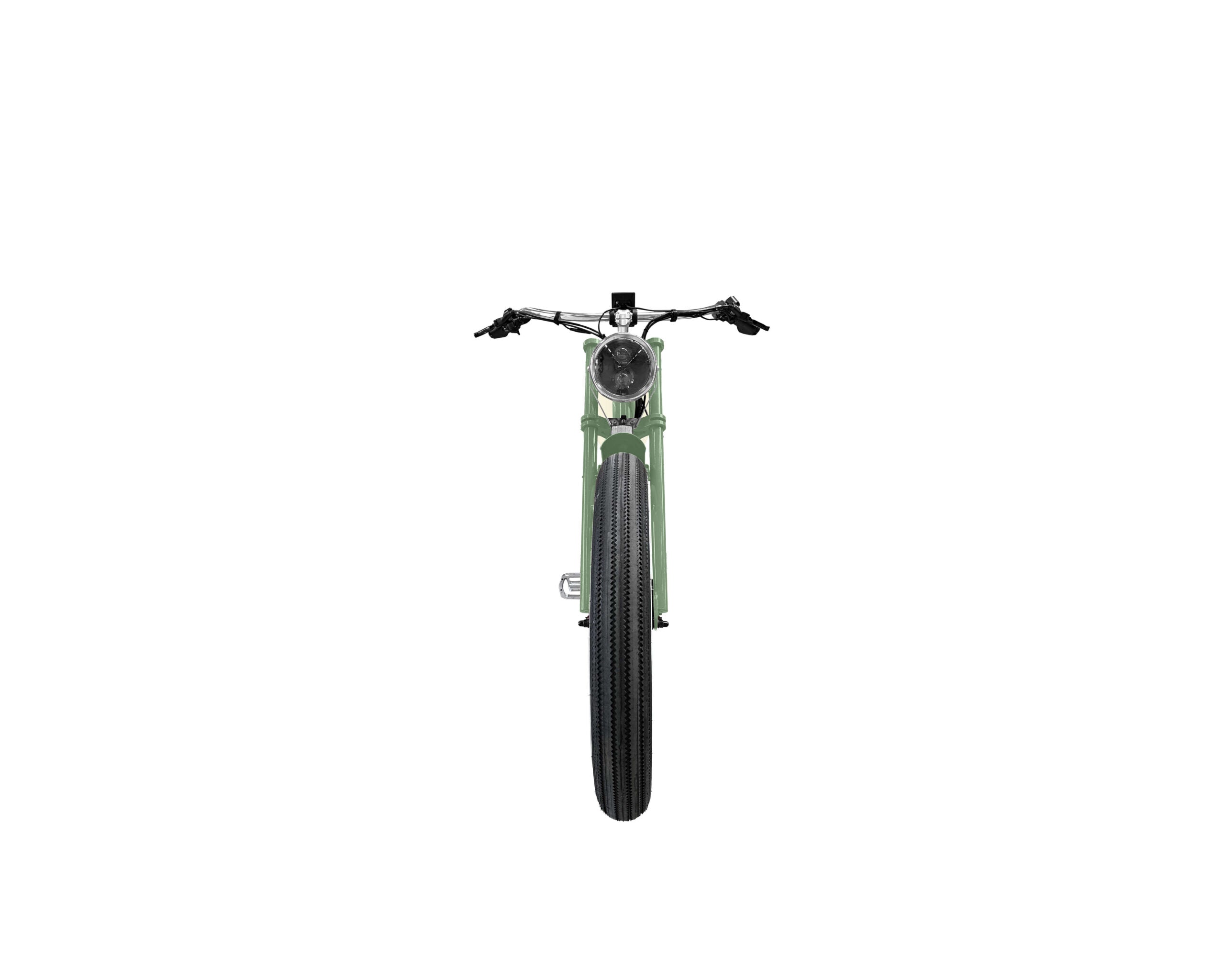 Elektrofahrrad mit Fatbike Reifen Frontansicht mit Scheinwerfer und Elektrodisplay
