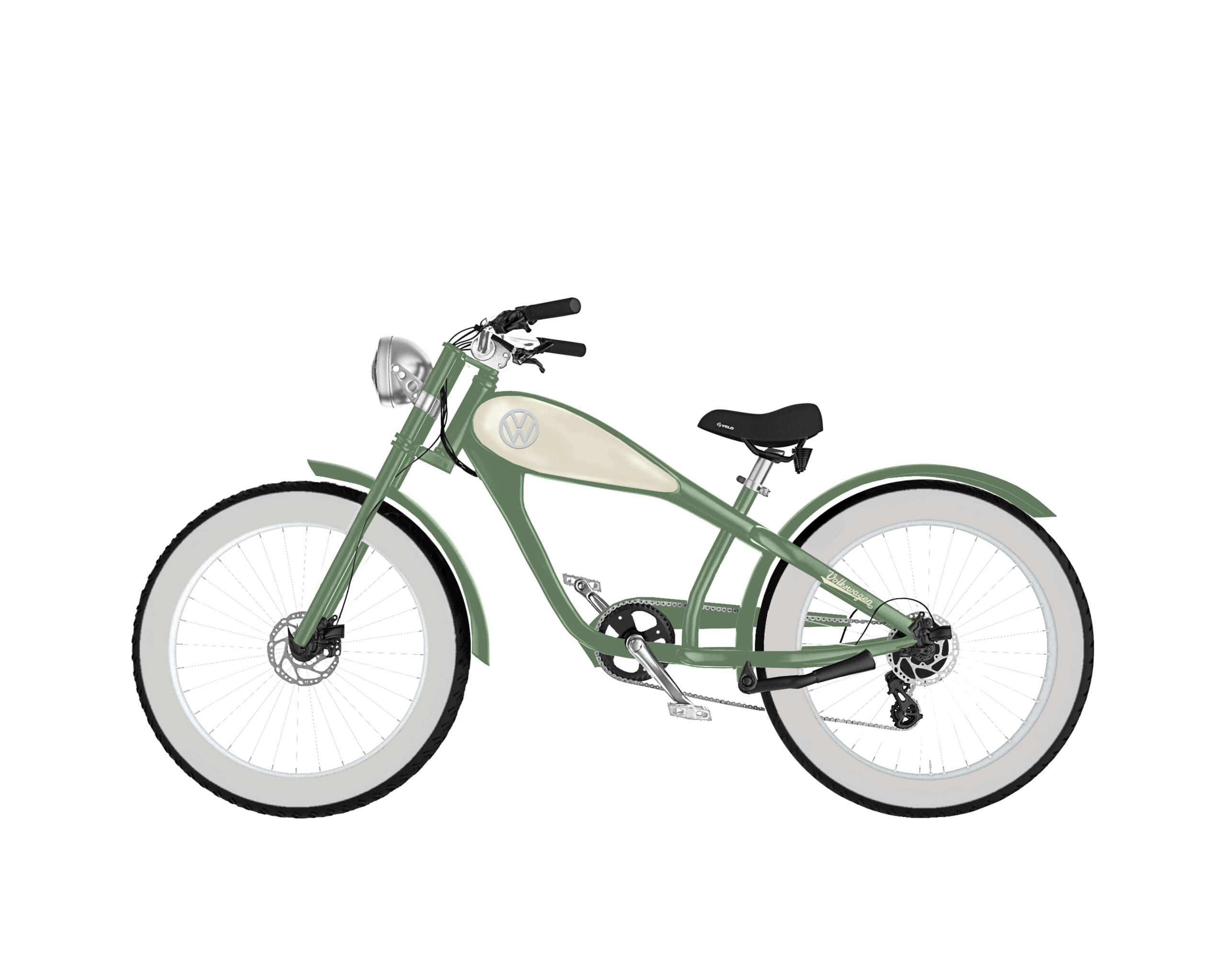 Fahrrad mit Elektroantrieb im Volkswagen Bulli Design mit Fatbike Reifen