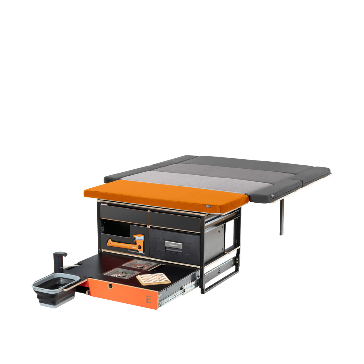 EGOE Nestbox L Komplettset – Große Campingbox mit Küche, 4 Schubladen & Kühlschrank-Platz