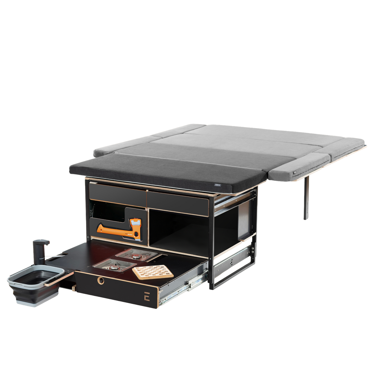 EGOE Nestbox L Komplettset – Große Campingbox mit Küche, 4 Schubladen & Kühlschrank-Platz